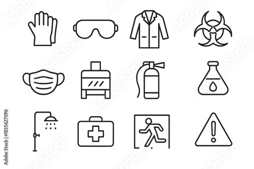 Laboratory Safety Icons. Laboratory Safety. Line icon set of Laboratory Safety: gloves, goggles, lab coat, biohazard, mask, fume hood, fire extinguisher,