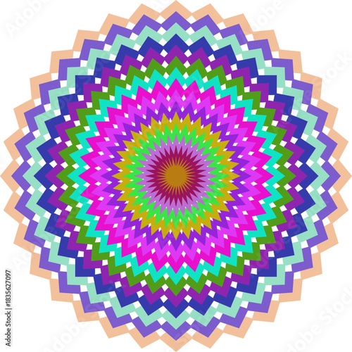 Colorful Geometric Mandala Design with Zigzag Pattern Vibrant Abstract Background Illustration Kaleidoscope Effect
