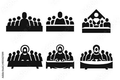 Last Supper Icons. Last Supper. Icon set. Set Logo of Last Supper: symbolic gathering icon. harmonious logo variations of the same emblematic concept, each