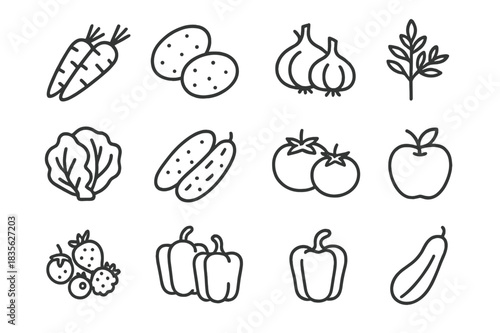 Local Produce Icons. Local Produce. Line icon set of Local Produce: carrots, potatoes, onions, garlic, herbs, lettuce, cucumbers, tomatoes, apples, berries,
