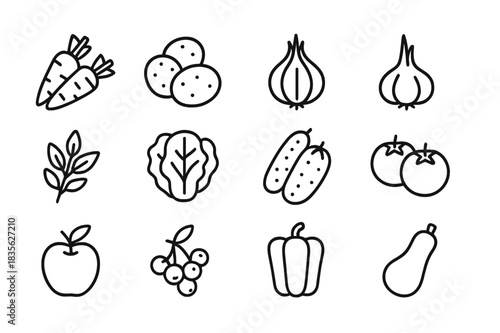 Local Produce Icons. Local Produce. Line icon set of Local Produce: carrots, potatoes, onions, garlic, herbs, lettuce, cucumbers, tomatoes, apples, berries,