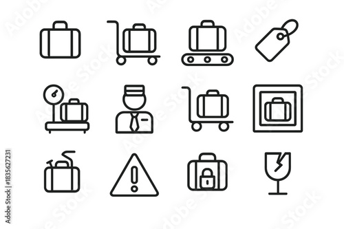 Luggage Handling Icons. Luggage handling. Line icon set of luggage handling: suitcase, trolley, conveyor belt, tag, scale, airport staff, cart, security scan,