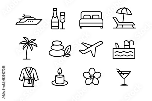 Luxury Getaway Icons. Luxury getaway. Line icon set of luxury getaway: yacht, champagne, hotel suite, sun lounger, palm tree, spa stones, airplane, pool, robe,