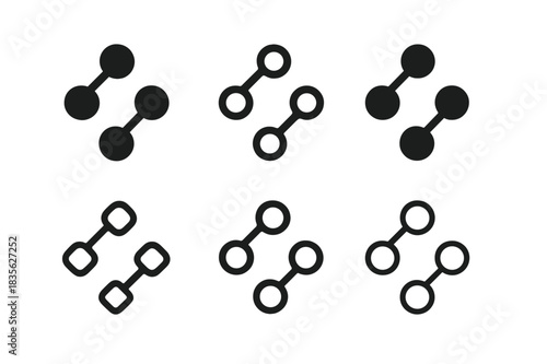 Machine Learning Icons. Machine learning algorithm flowchart. Icon set. Set Logo of machine learning algorithm flowchart: Flowchart with connected nodes.