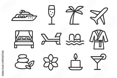 Luxury Getaway Icons. Luxury getaway. Line icon set of luxury getaway: yacht, champagne, hotel suite, sun lounger, palm tree, spa stones, airplane, pool, robe,
