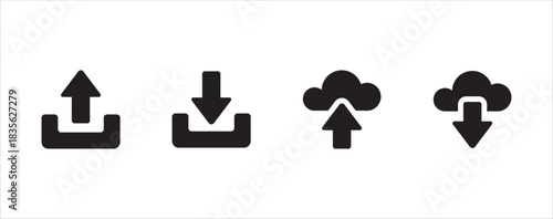 Download and upload icon button set. Icon symbol for download, upload, send file, document, receive, cloud upload, cloud download, cloud storage. Vector icon illustration.