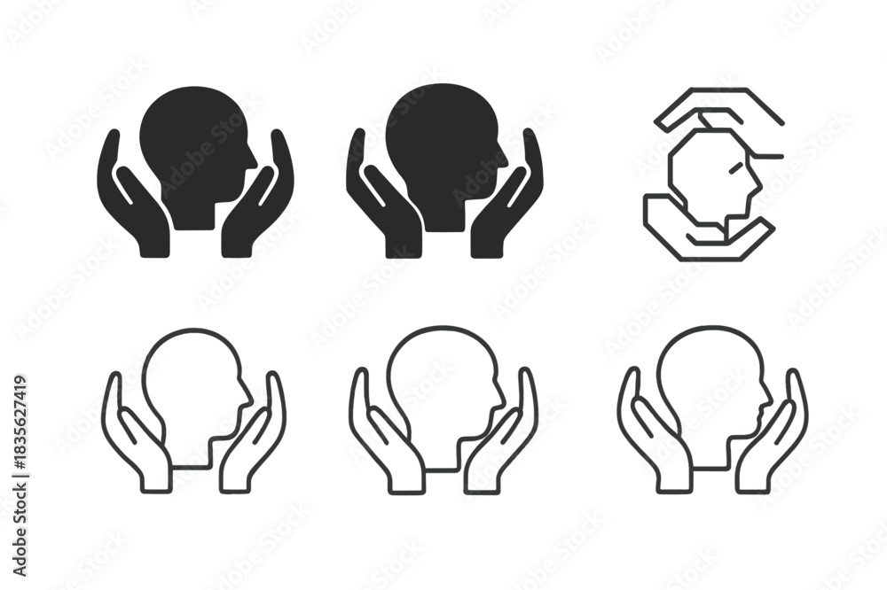 Obraz premium Mental Health Logos. Mental health awareness. Icon set. Set Logo of mental health: supportive hands around head. harmonious logo variations of the same
