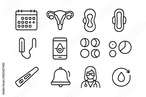 Menstrual Cycle Icons. Menstrual Cycle Tracking. Line icon set of Menstrual Cycle Tracking: calendar, uterus, ovary, pad, tampon, hormone chart, fertility app,