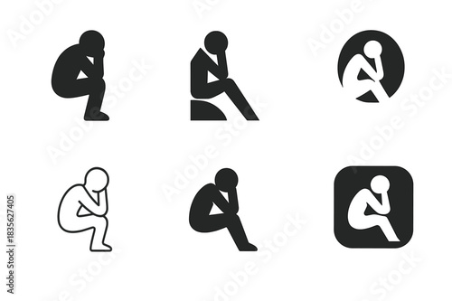 Melancholy Logo Variations. Melancholy. Icon set. Set Logo of Melancholy: person sitting in reflection. harmonious logo variations of the same emblematic