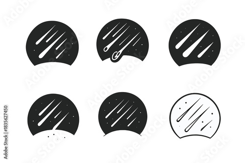 Meteor Shower Logos. Meteor shower. Icon set. Set Logo of meteor shower: Sky filled with falling meteors. harmonious logo variations of the same emblematic