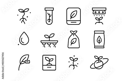 Microgravity Plant Icons. Microgravity plant growth. Line icon set of microgravity plant growth: seedling in air, root in tube, leaf chamber, LED grow light,