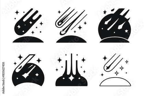 Meteor Shower Logos. Meteor shower. Icon set. Set Logo of meteor shower: Sky filled with falling meteors. harmonious logo variations of the same emblematic