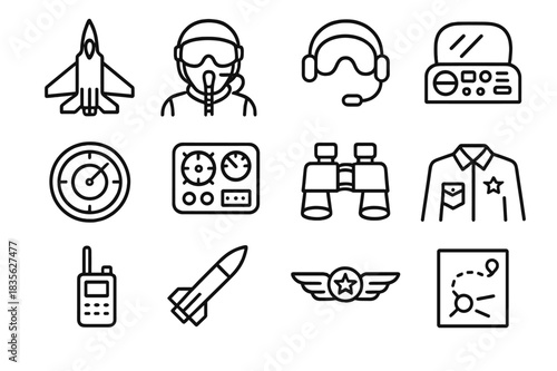 Military Aviation Icons. Military Aviation. Line icon set of Military Aviation: fighter jet, pilot helmet, headset, cockpit, radar, control panel, binoculars,