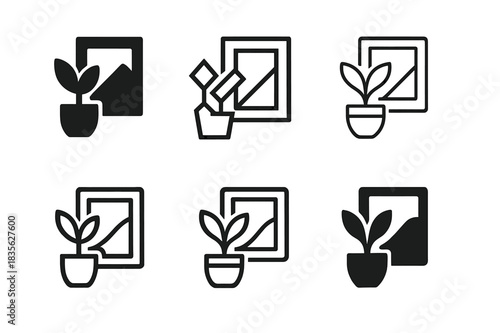 Modern Home Icon Set. Interior design for modern homes. Icon set. Set Logo of interior design for modern homes: potted plant beside framed artwork. harmonious