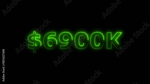 Lime green color neon bright $6900K number for finance and success themed 4k illustration. Perfect for financial 4k illustration. Digital or currency Maney themes. Black background 4k illustration.