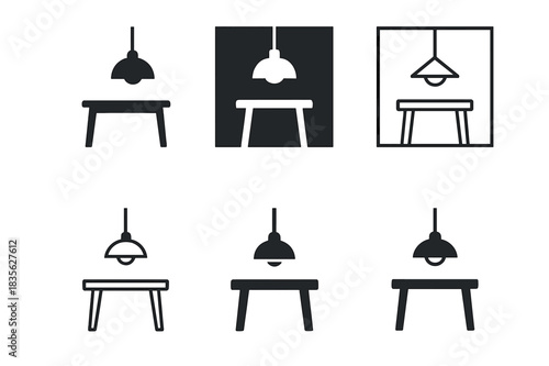 Modern Interior Design Icons. Interior design for modern homes. Icon set. Set Logo of interior design for modern homes: pendant light hanging above dining
