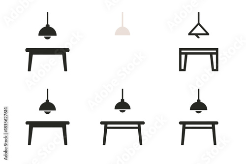 Modern Interior Design Icons. Interior design for modern homes. Icon set. Set Logo of interior design for modern homes: pendant light hanging above dining