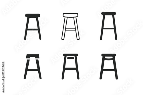Modern Stool Designs. A pair of sleek modern stools for a kitchen island or bar. Icon set. Set Logo of modern stools: Scandinavian minimalist stool. harmonious
