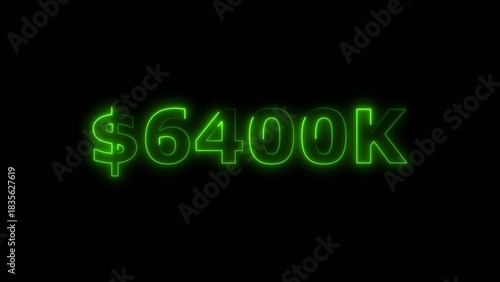 Lime green color neon bright $6400K number for finance and success themed 4k illustration. Perfect for financial 4k illustration. Digital or currency Maney themes. Black background 4k illustration.