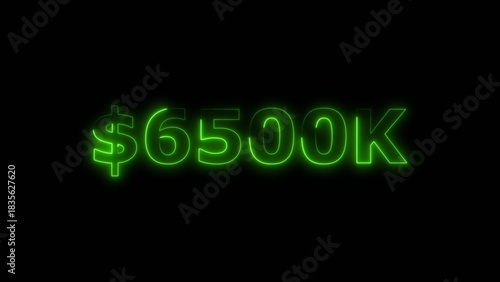 Lime green color neon bright $6500K number for finance and success themed 4k illustration. Perfect for financial 4k illustration. Digital or currency Maney themes. Black background 4k illustration.