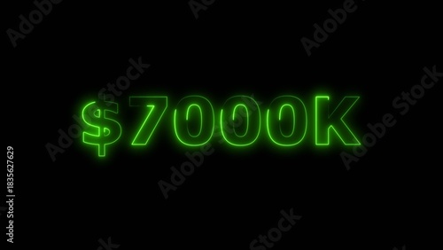 Lime green color neon bright $7000K number for finance and success themed 4k illustration. Perfect for financial 4k illustration. Digital or currency Maney themes. Black background 4k illustration.