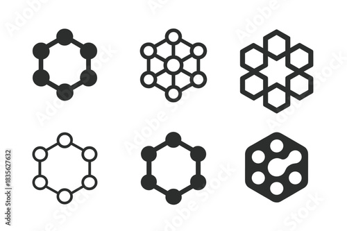 Molecule Logo Variations. Molecules. Icon set. Set Logo of molecules: hexagonal chemical bond. harmonious logo variations of the same emblematic concept, each