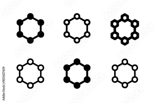 Molecule Logo Variations. Molecules. Icon set. Set Logo of molecules: hexagonal chemical bond. harmonious logo variations of the same emblematic concept, each