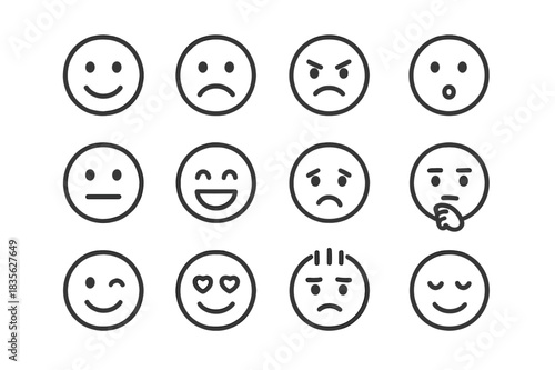 Monochrome Emotions Grid. Human emotions. Line icon set of human emotions: happy face, sad face, angry face, surprised face, neutral face, laughing face,