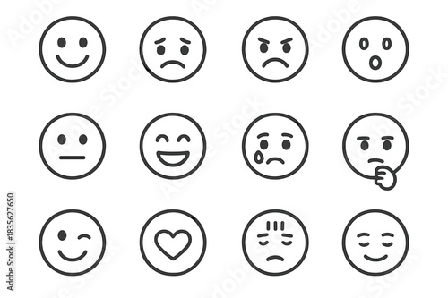 Monochrome Emotions Grid. Human emotions. Line icon set of human emotions: happy face, sad face, angry face, surprised face, neutral face, laughing face,