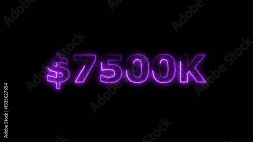 Magenta color neon bright $7500K number for finance and success themed 4k illustration. Perfect for financial 4k illustration. Digital or currency Maney themes. Black background 4k illustration.