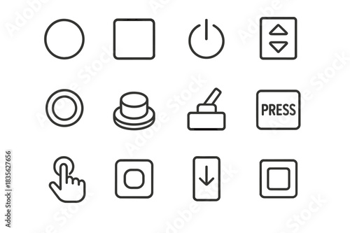 Monochrome Button Icons. Push buttons. Line icon set of push buttons: round button, square button, power button, elevator button, push start, red button,