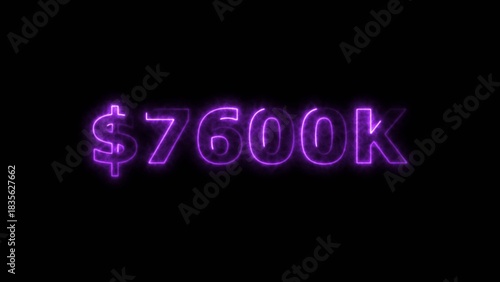 Magenta color neon bright $7600K number for finance and success themed 4k illustration. Perfect for financial 4k illustration. Digital or currency Maney themes. Black background 4k illustration.