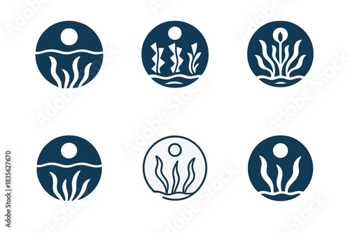 Moonlit Marine Logos. Marine life under moonlit waters. Icon set. Set Logo of marine life under moonlit waters: seaweed swaying at night. harmonious logo