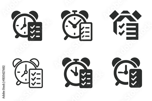 Morning Checklist Icons. Planning the workday with a morning checklist. Icon set. Set Logo of planning the workday with a morning checklist: alarm clock and