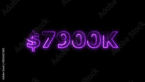 Magenta color neon bright $7900K number for finance and success themed 4k illustration. Perfect for financial 4k illustration. Digital or currency Maney themes. Black background 4k illustration.