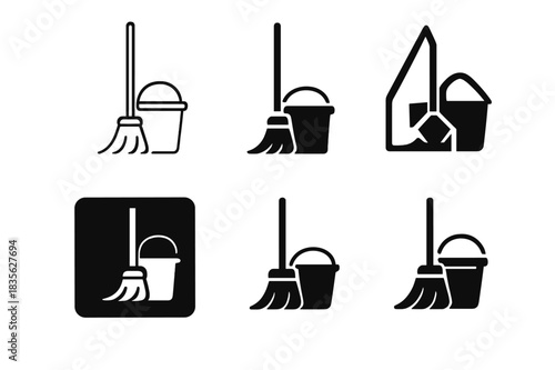 Mop and Bucket Icons. Mopping. Icon set. Set Logo of mop and bucket. harmonious logo variations of the same emblematic concept (Minimal outline, Filled