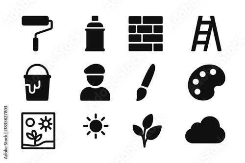 Mural Icon Set. Creating a large mural on a wall. Solid icon set of creating a large mural on a wall: paint roller, spray can, wall, ladder, paint bucket,