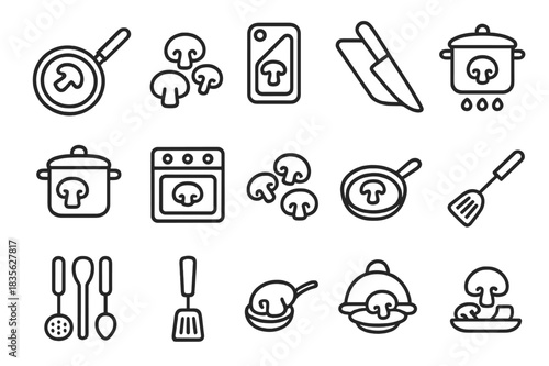 Mushroom Cooking Icons. Mushroom Cooking. Line icon set of Mushroom Cooking: frying pan, saute mushroom, chopping board, knife, stove, soup pot,