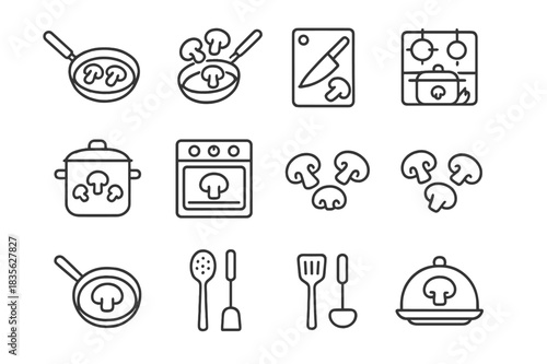 Mushroom Cooking Icons. Mushroom Cooking. Line icon set of Mushroom Cooking: frying pan, saute mushroom, chopping board, knife, stove, soup pot,