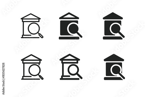 Museum Icon Set. Visiting museums. Icon set. Set Logo of magnifying glass over exhibit. harmonious logo variations of the same emblematic concept (Minimal