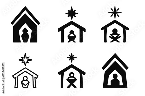 Nativity Logo Variations. Nativity scene. Icon set. Set Logo of nativity scene: Star of Bethlehem over stable. harmonious logo variations of the same