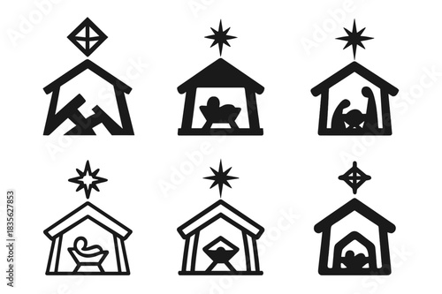 Nativity Logo Variations. Nativity scene. Icon set. Set Logo of nativity scene: Star of Bethlehem over stable. harmonious logo variations of the same