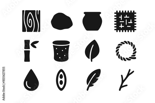 Natural Icon Set. Natural Materials Trend. Solid icon set of Natural Materials Trend: wood grain, stone, clay pot, linen fabric, bamboo stalk, cork, leaf,