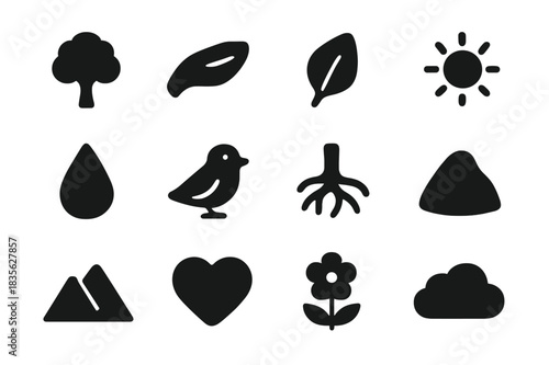 Nature Connection Icons. Connection to nature. Solid icon set of connection to nature: tree, hand, leaf, sun, water droplet, bird, roots, rock, mountain,