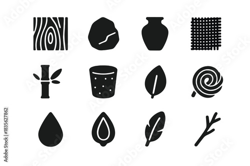 Natural Icon Set. Natural Materials Trend. Solid icon set of Natural Materials Trend: wood grain, stone, clay pot, linen fabric, bamboo stalk, cork, leaf,