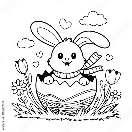 Cute Easter bunny in eggshell with flowers and clouds illustration