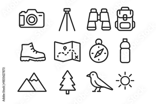 Nature Photography Icons. Guided Nature Photography Hike. Line icon set of Guided Nature Photography Hike: camera, tripod, binoculars, backpack, hiking boots,