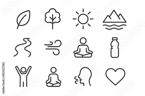Nature Wellness Icons. Nature and wellness. Line icon set of nature and wellness: leaf, tree, sun, mountain, river, breeze, meditating person, water bottle,