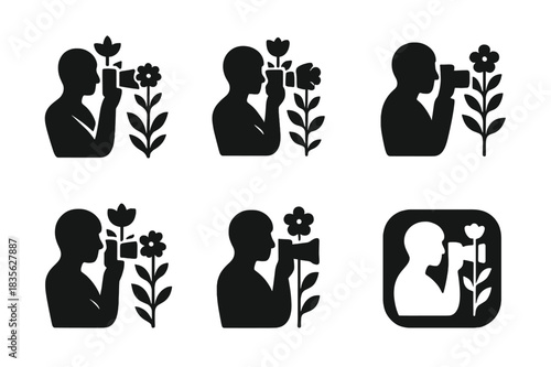 Nature Photography Logos. May photoshoot in nature. Icon set. Set Logo of nature photoshoot: photographer silhouette with flowers. harmonious logo variations