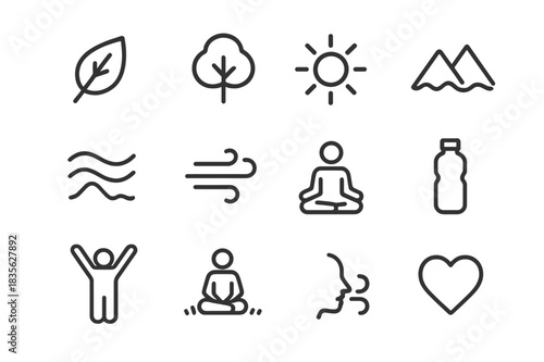 Nature Wellness Icons. Nature and wellness. Line icon set of nature and wellness: leaf, tree, sun, mountain, river, breeze, meditating person, water bottle,
